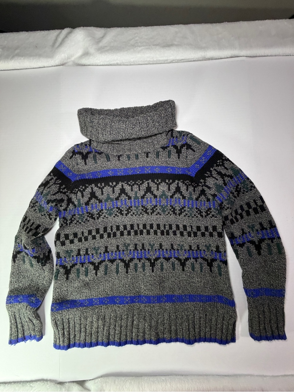 Madewell Gray Cowlneck Sweater with Blue and Black Fair Isle